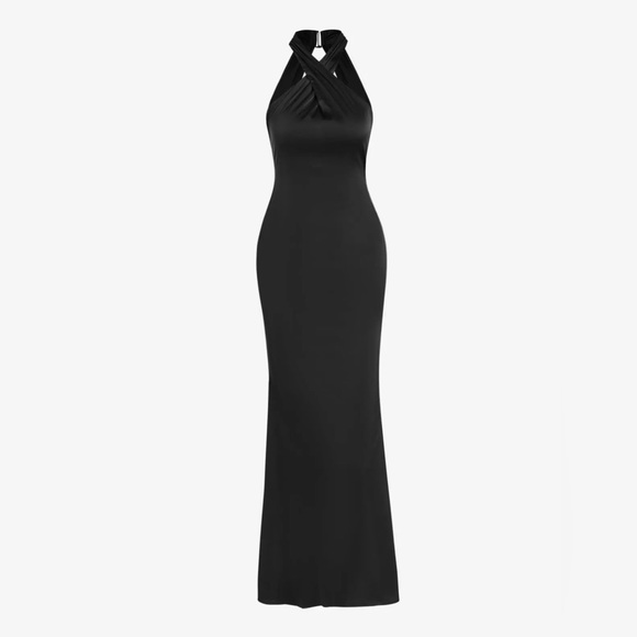 Black Criss Cross Cut Out Backless Silk Slinky Maxi Dress - Picture 3 of 7